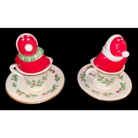 Lenox Santa Claus & Mrs Claus Salt Pepper Set Shakers Tea Cups Christmas Holly - Picture 3 of 7